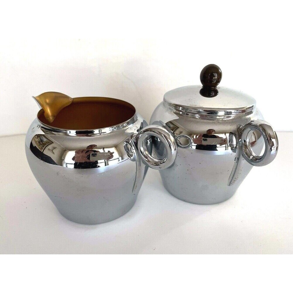 Vintage MCM Chrome Metal Creamer and Sugar Bowl GE General Electric Gold Inside